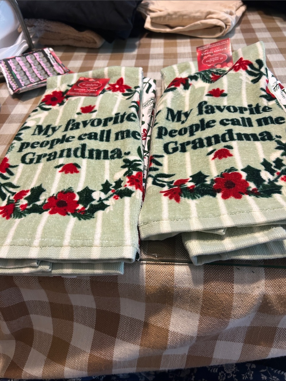 NWT Grandma Holiday Kitchen Towels - Green with Red Floral Accents